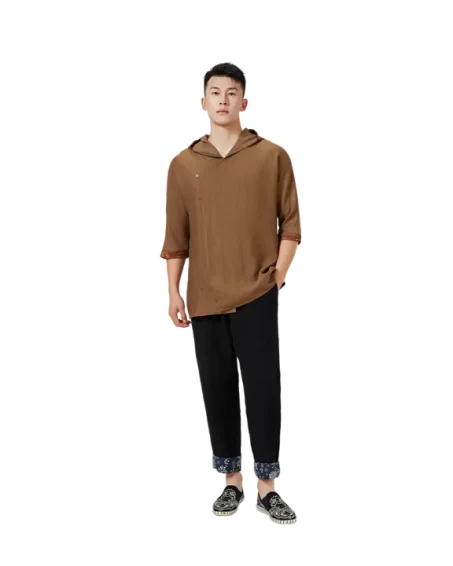 Traditional Chinese Half Sleeve Shirt – Brown Relaxed Fit with Hood & Accent Buttons