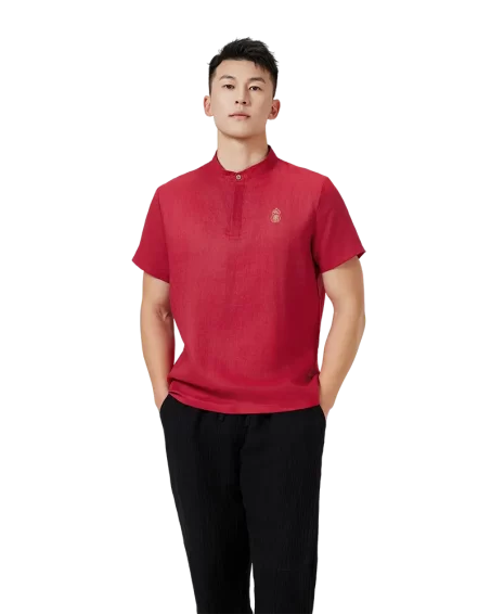 Traditional Chinese Short-Sleeve Shirt – Red Linen with Gold Embroidery
