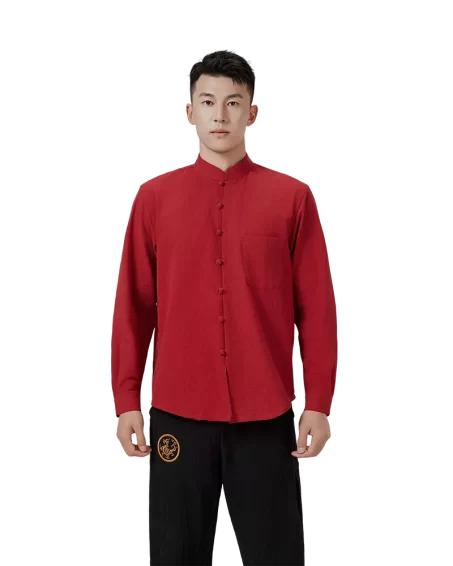 Traditional Chinese Long-Sleeve Shirt – Deep Red Linen with Chest Pocket & Knotted Closures